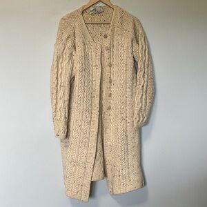 Donegal Knitters 100% Pure New Wool Cream Cable Knit Aran Cardigan Long Sweater
